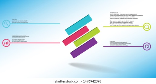 3D illustration infographic template. The embossed cube is horizontally divided to four shifted parts. Object is askew arranged on blue white background. Lines with signs are on sides.