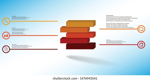 3D illustration infographic template. The embossed cube is horizontally divided to five shifted color parts. Object is arranged on blue white background. Lines with signs are on sides.