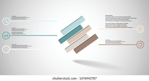 3D illustration infographic template. The embossed cube is horizontally divided to five shifted parts. Object is askew arranged on grey white background. Lines with signs are on sides.