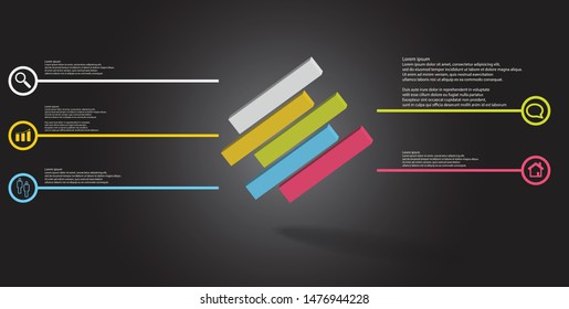 3D illustration infographic template. The embossed cube is horizontally divided to five shifted parts. Object is askew arranged on grey black background. Lines with signs are on sides.