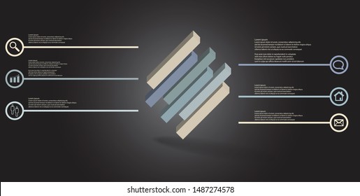 3D illustration infographic template. The embossed cube is horizontally divided to six shifted parts. Object is askew arranged on grey black background. Lines with signs are on sides.