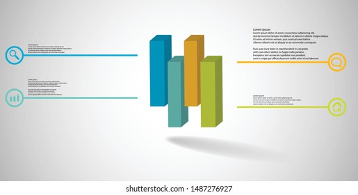 3D illustration infographic template. The embossed cube is vertically divided to four shifted parts. Object is arranged on grey white background. Lines with signs are on sides.