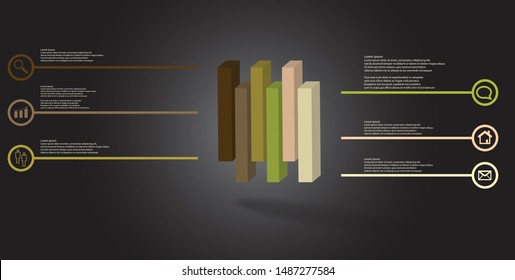 3D illustration infographic template. The embossed cube is vertically divided to six shifted parts. Object is arranged on grey black background. Lines with signs are on sides.