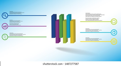 3D illustration infographic template. The embossed cube is vertically divided to six shifted parts. Object is arranged on blue white background. Lines with signs are on sides.