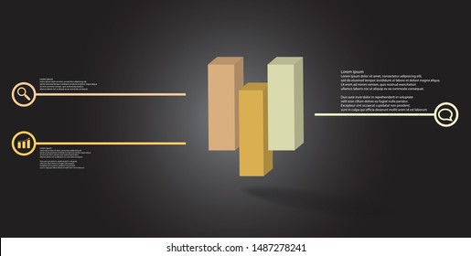 3D illustration infographic template. The embossed cube is vertically divided to three shifted parts. Object is arranged on grey black background. Lines with signs are on sides.