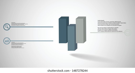 3D illustration infographic template. The embossed cube is vertically divided to three shifted parts. Object is arranged on grey white background. Lines with signs are on sides.