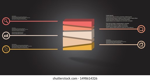 3D illustration infographic template. The embossed cube is randomly divided to five parts. Object is arranged on grey black background. Lines with signs are on sides.