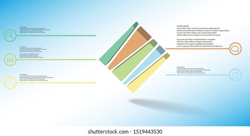 3D illustration infographic template. The embossed cube is vertically divided to five shifted parts. Object is askew arranged on blue white background. Lines with signs are on sides.