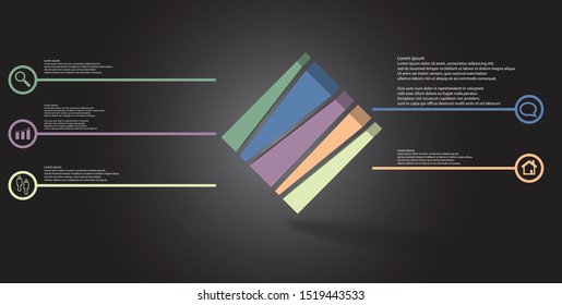 3D illustration infographic template. The embossed cube is vertically divided to five shifted parts. Object is askew arranged on grey black background. Lines with signs are on sides.