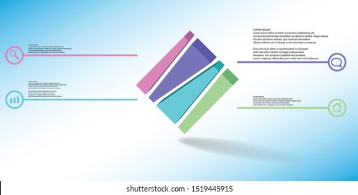 3D illustration infographic template. The embossed cube is vertically divided to four shifted parts. Object is askew arranged on blue white background. Lines with signs are on sides.