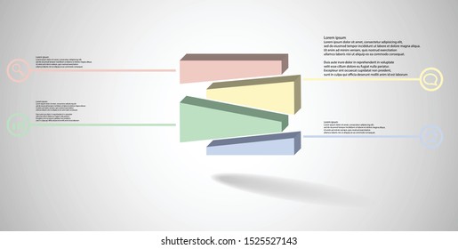 3D illustration infographic template. The embossed cube is randomly divided to four shifted color parts. Object is arranged on grey white background. Lines with signs in circles are on sides.