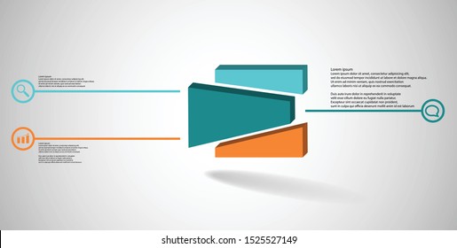 3D illustration infographic template. The embossed cube is randomly divided to three shifted color parts. Object is arranged on grey white background. Lines with signs in circles are on sides.
