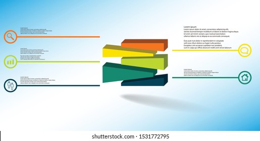 3D illustration infographic template. The embossed cube is randomly divided to five shifted color parts. Object is arranged on blue white background. Lines with signs in circles are on sides.