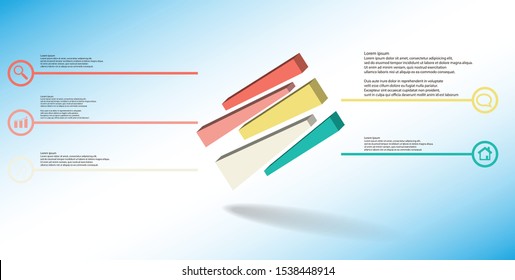 3D illustration infographic template. The embossed cube is randomly divided to five shifted color parts. Object is askew arranged on blue white background. Lines with signs in circles are on sides.