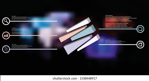 3D illustration infographic template. The embossed cube is randomly divided to five shifted color parts. Object is askew arranged on blurred photo. Lines with signs in circles are on sides.