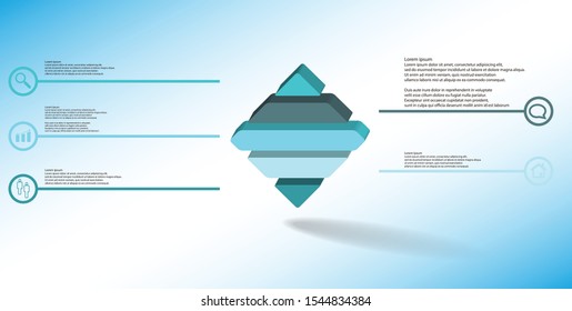 3D illustration infographic template. The embossed rhomb is horizontally divided to five color parts. Object is on blue white background. Lines with signs in circles are on sides.
