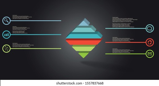 3D illustration infographic template. The embossed rhomb is horizontally divided to six color parts. Object is on grey black background. Lines with signs in circles are on sides.