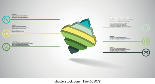 3D illustration infographic template. The embossed bent rhomb is horizontally divided to five color parts. Object is askew arranged on grey white background.