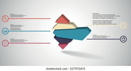 3D illustration infographic template. The embossed rhomb is randomly divided to five color parts. Object is arranged on grey white background.
