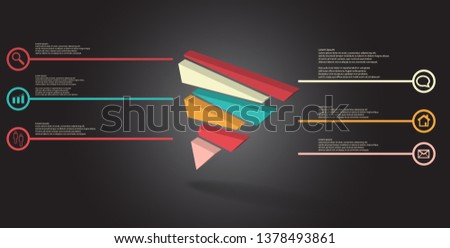 3D illustration infographic template. The embossed triangle is randomly divided to six color shifted parts. Object is askew arranged on grey black background. Lines with signs are on sides.