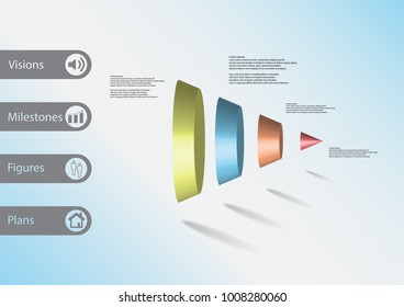 3D illustration infographic template with motif of round cone vertically divided to four color parts with simple sign and sample text on side in bars. Light blure gradient is used as background.