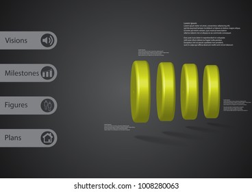 3D illustration infographic template with motif of four green cylinders horizontally arranged with simple sign and sample text on side in bars. Dark grey gradient is used as background.