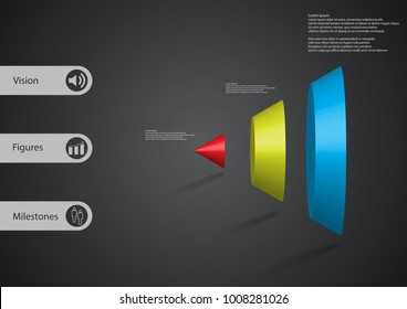 3D illustration infographic template with motif of round cone vertically divided to three color parts with simple sign and sample text on side in bars. Dark grey gradient is used as background.