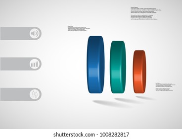 3D illustration infographic template with motif of three color cylinders horizontally arranged with simple sign and sample text on side in bars. Light grey gradient is used as background.