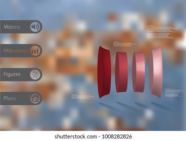 3D illustration infographic template with motif of deformed cylinder vertically divided to four red parts with simple sign and sample text on side in bars. Blurred photo is used as background.