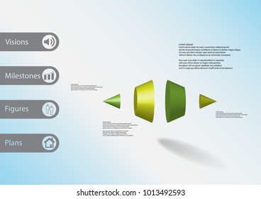 3D illustration infographic template with motif of two spiked cone vertically divided to four green parts with simple sign and sample text on side in bars. Light blue gradient is used as background.