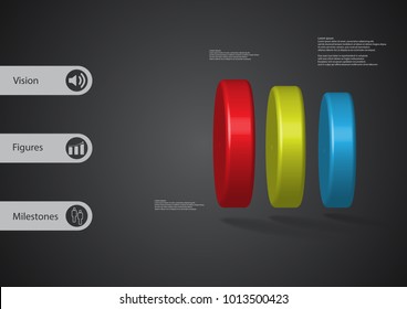 3D illustration infographic template with motif of three color cylinders horizontally arranged with simple sign and sample text on side in bars. Dark grey gradient is used as background.