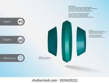 3D illustration infographic template with motif of round hexagon vertically divided to three blue parts with simple sign and sample text on side in bars. Light blue gradient is used as background.