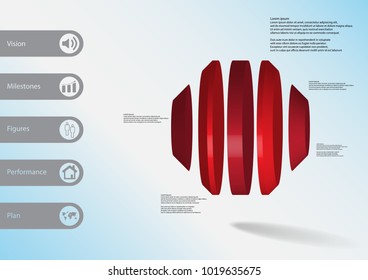 3D illustration infographic template with motif of round octagon vertically divided to five red parts with simple sign and sample text on side in bars. Light blue gradient is used as background.