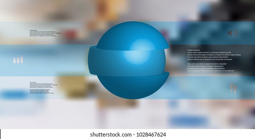 3D illustration infographic template with motif of sliced ball to three blue parts which are stacked with shifted elements. Simple sign and text is in color banners.  Blurred photo used as background