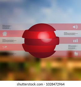 3D illustration infographic template with motif of sliced ball to five red parts which are stacked with shifted elements. Simple sign and text is in color banners.  Blurred photo is used as background