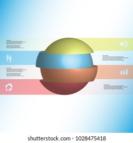 3D illustration infographic template with motif of sliced ball to four color parts which are stacked with shifted elements. Simple sign and text is in color banners.  Light blue gradient is background