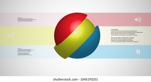 3D illustration infographic template with motif of askew sliced ball to three color parts which are shifted. Simple sign and text is in color banners. Light grey gradient is used as background.