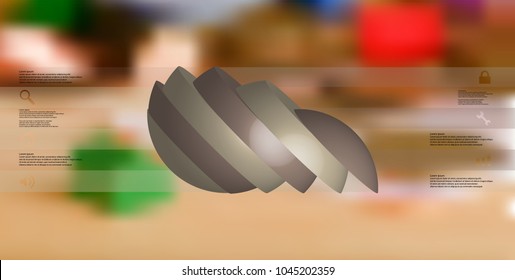 3D illustration infographic template with motif of sliced ball to six color parts which are turned to side and shifted. Simple sign and text is in color banners are on blurred photo background.