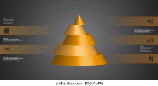 3D illustration infographic template with motif of horizontally sliced cone to five orange parts which are shifted. Simple sign and text is in color banners. Dark grey gradient is used as background.