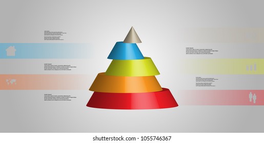 3D illustration infographic template with motif of horizontally sliced cone to five color parts which are shifted. Simple sign and text is in color banners. Light grey gradient is used as background.