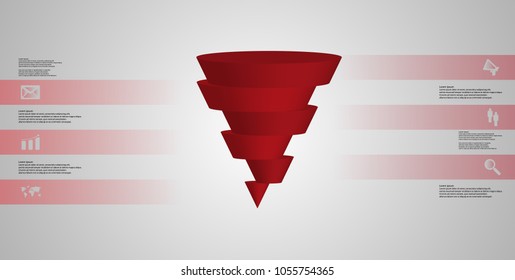 3D illustration infographic template with motif of horizontally sliced cone to six red parts which are shifted. Simple sign and text is in color banners. Light grey gradient is used as background.