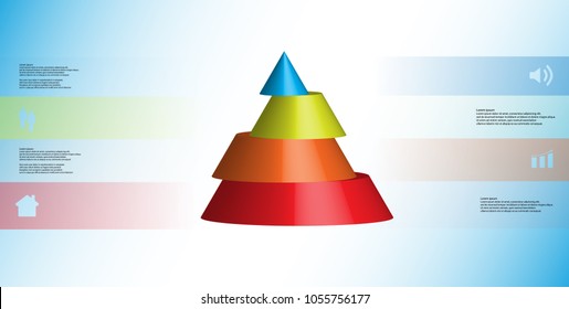 3D illustration infographic template with motif of horizontally sliced cone to four color parts which are shifted. Simple sign and text is in color banners. Light blue gradient is used as background.