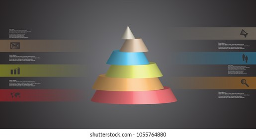 3D illustration infographic template with motif of horizontally sliced cone to six color parts which are shifted. Simple sign and text is in color banners. Dark grey gradient is used as background.