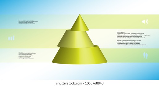 3D illustration infographic template with motif of horizontally sliced cone to three green parts which are shifted. Simple sign and text is in color banners. Light blue gradient is used as background.