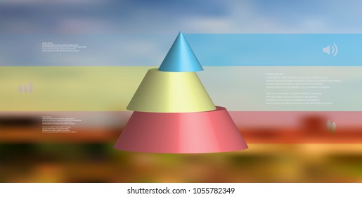 3D illustration infographic template with motif of horizontally sliced cone to three color parts which are shifted. Simple sign and text is in color banners. Blurred photo is used as background.