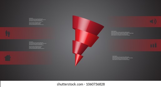 3D illustration infographic template with motif of horizontally sliced cone to four red parts which are shifted and askew arranged. Simple sign and text is in color banners. Dark grey background.