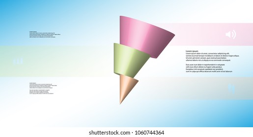 3D illustration infographic template with motif of horizontally sliced cone to three color parts which are shifted and askew arranged. Simple sign and text is in color banners. Light Blue background.