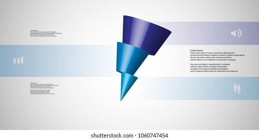 3D illustration infographic template with motif of horizontally sliced cone to three blue parts which are shifted and askew arranged. Simple sign and text is in color banners. Light grey background.
