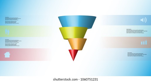 3D illustration infographic template with motif of horizontally sliced cone to four color parts which are shifted. Simple sign and text is in color banners. Light blue gradient is used as background.