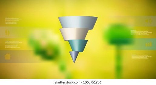 3D illustration infographic template with motif of horizontally sliced cone to four color parts which are shifted. Simple sign and text is in color banners. Blurred photo is used as background.
